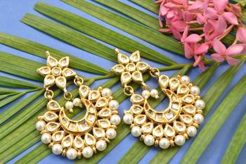 Kundan Stone Semi Precious Gold Plated Floral Pearl Dangler Stud Earrings 2