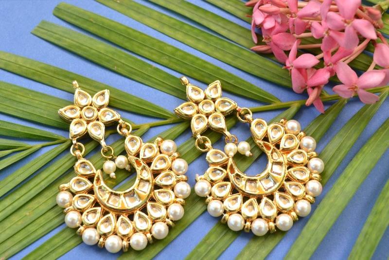 Kundan Stone Semi Precious Gold Plated Floral Pearl Dangler Stud Earrings