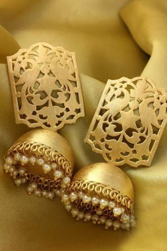 Designer Gold plated high gloss golden Filigree or Jali work jhumka with pearl in bottom