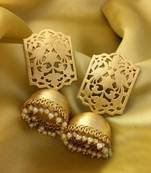 Designer Gold plated high gloss golden Filigree or Jali work jhumka with pearl in bottom