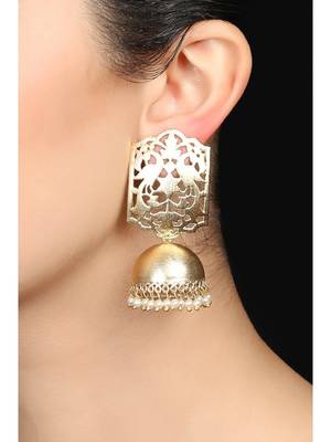Designer Gold plated high gloss golden Filigree or Jali work jhumka with pearl in bottom 2