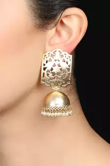 Designer Gold plated high gloss golden Filigree or Jali work jhumka with pearl in bottom