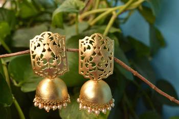 Designer Gold plated high gloss golden Filigree or Jali work jhumka with pearl in bottom 3