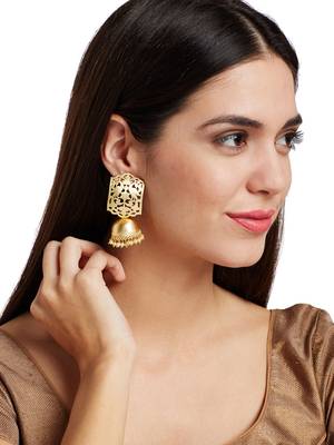 Designer Gold plated high gloss golden Filigree or Jali work jhumka with pearl in bottom 1
