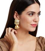 Designer Gold plated high gloss golden Filigree or Jali work jhumka with pearl in bottom