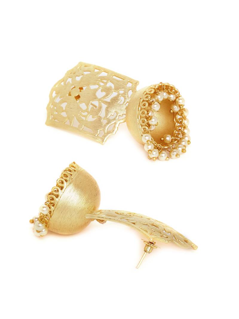 Designer Gold plated high gloss golden Filigree or Jali work jhumka with pearl in bottom