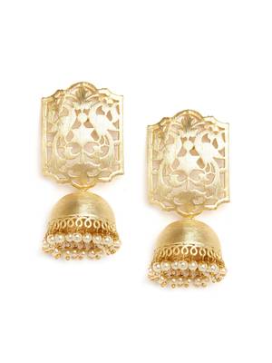 Designer Gold plated high gloss golden Filigree or Jali work jhumka with pearl in bottom 3