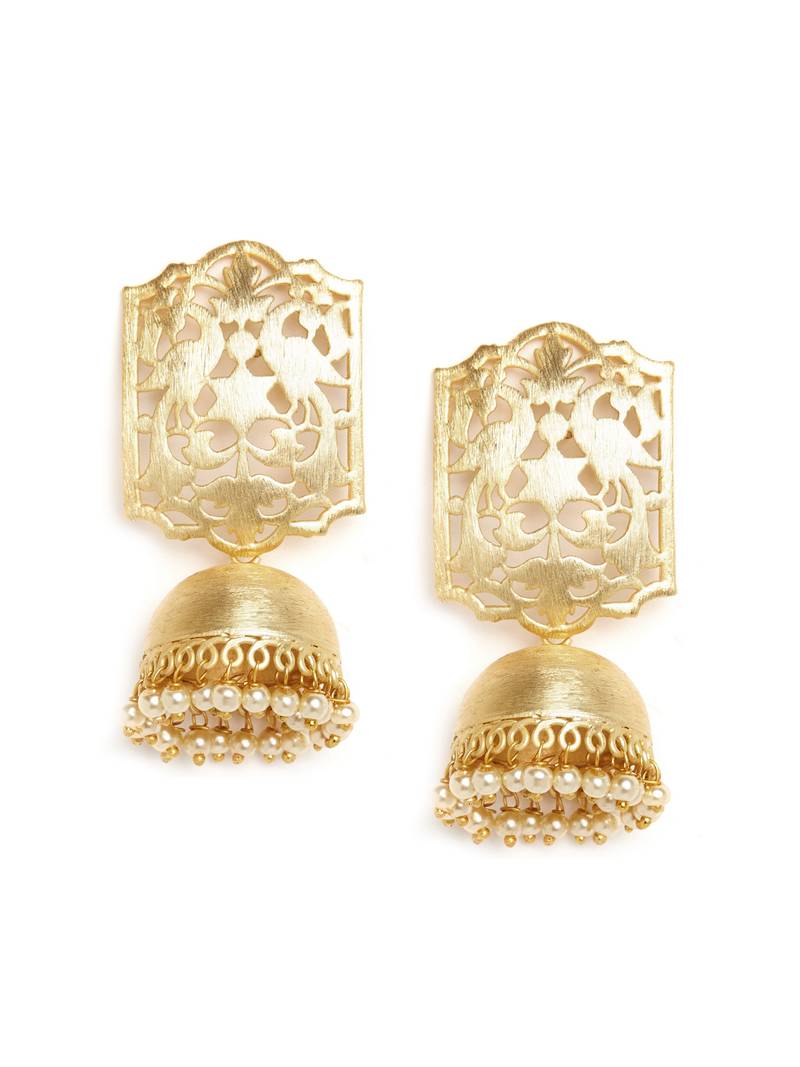 Designer Gold plated high gloss golden Filigree or Jali work jhumka with pearl in bottom