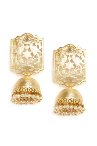 Designer Gold plated high gloss golden Filigree or Jali work jhumka with pearl in bottom
