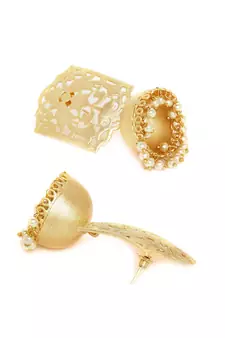 Designer Gold plated high gloss golden Filigree or Jali work jhumka with pearl in bottom