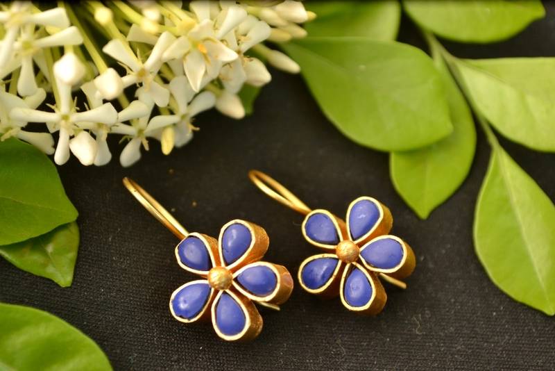 Kundan Stone Semi Precious Gold Plated Floral Dangler Earrings