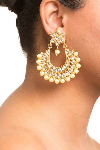 Kundan Stone Semi Precious Gold Plated Floral Pearl Dangler Stud Earrings