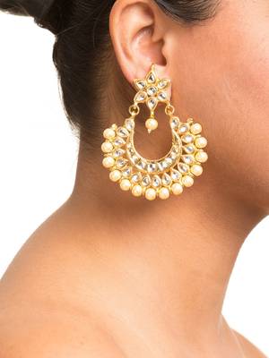 Kundan Stone Semi Precious Gold Plated Floral Pearl Dangler Stud Earrings 1