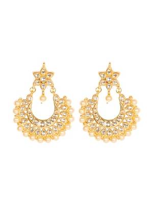Kundan Stone Semi Precious Gold Plated Floral Pearl Dangler Stud Earrings 2