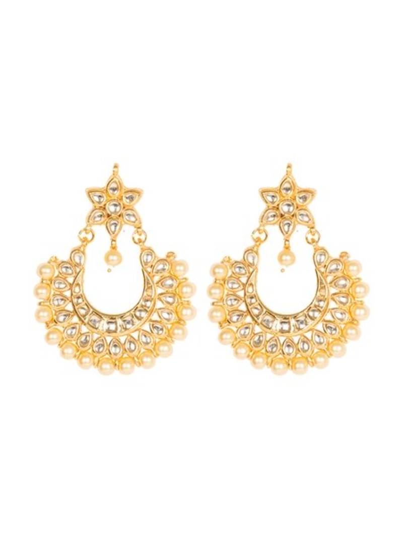 Kundan Stone Semi Precious Gold Plated Floral Pearl Dangler Stud Earrings