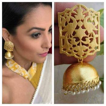 Designer Gold plated high gloss golden Filigree or Jali work jhumka with pearl in bottom 1