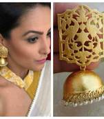 Designer Gold plated high gloss golden Filigree or Jali work jhumka with pearl in bottom