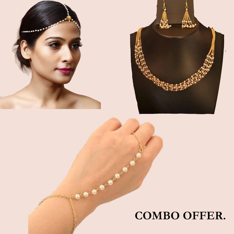 Wedding Pearl Mania Jewellery Set with Necklace , Haath Phool and Maangtikka