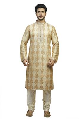 Fawn Geecha Kurtaset With All Over Machine Anchor Embroidery With Cording On Placket Patti With Gundi Buttons 1