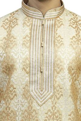 Fawn Geecha Kurtaset With All Over Machine Anchor Embroidery With Cording On Placket Patti With Gundi Buttons 3