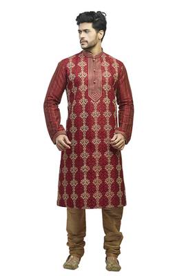 Maroon  Geecha Kurtaset With All Over Machine Anchor Embroidery With Cording On Placket Patti With Gundi Buttons 1