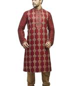 Maroon  Geecha Kurtaset With All Over Machine Anchor Embroidery With Cording On Placket Patti With Gundi Buttons