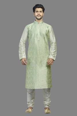 Cream Dupion Kurta With All Over Green Machine Embroidery With Cording On Jabba Patti And Buttons 1