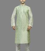 Cream Dupion Kurta With All Over Green Machine Embroidery With Cording On Jabba Patti And Buttons