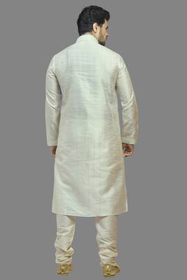 Cream Dupion Kurta With All Over Green Machine Embroidery With Cording On Jabba Patti And Buttons 2