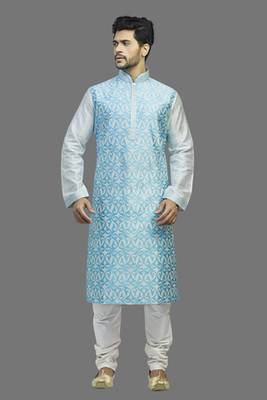Cream Dupion Kurta With All Over Blue Machine Embroidery With Cording On Jabba Patti And Buttons 1