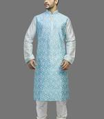 Cream Dupion Kurta With All Over Blue Machine Embroidery With Cording On Jabba Patti And Buttons