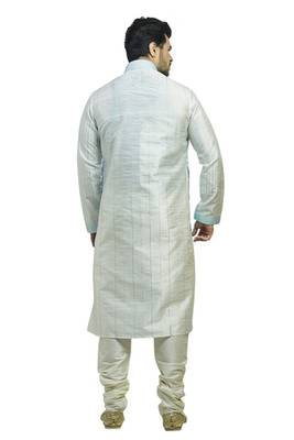 Cream Dupion Kurta With All Over Blue Machine Embroidery With Cording On Jabba Patti And Buttons 2