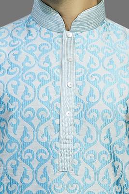 Cream Dupion Kurta With All Over Blue Machine Embroidery With Cording On Jabba Patti And Buttons 3