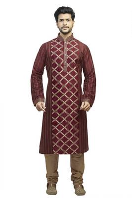 Maroon Polysilk Kurta Set With Machine Embroidery In The Centr And Cording On The Sleeves,Back And Sides 1