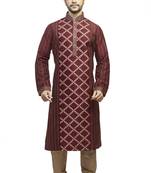 Maroon Polysilk Kurta Set With Machine Embroidery In The Centr And Cording On The Sleeves,Back And Sides
