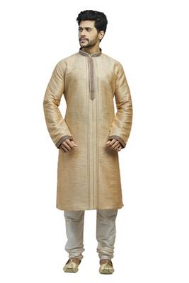 Fawn Plain Slub  Kurtaset With All  Over Brown  And Cream Cording And Work On The Collar And Collar Patti 1