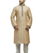 Fawn Plain Slub  Kurtaset With All  Over Brown  And Cream Cording And Work On The Collar And Collar Patti