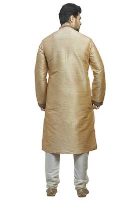 Fawn Plain Slub  Kurtaset With All  Over Brown  And Cream Cording And Work On The Collar And Collar Patti 2