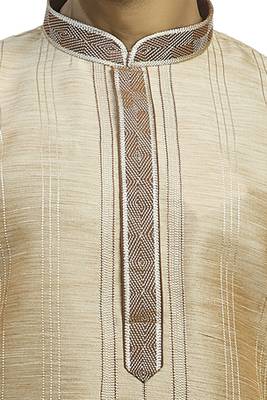 Fawn Plain Slub  Kurtaset With All  Over Brown  And Cream Cording And Work On The Collar And Collar Patti 3