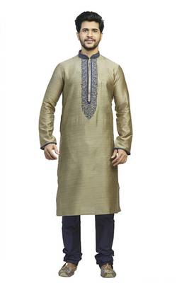 Khakhi Plain Jacquard Kurta With Blue Machine Embroidey Near The Blue Corded Placket Patti And On The Collar 1