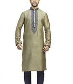Khakhi Plain Jacquard Kurta With Blue Machine Embroidey Near The Blue Corded Placket Patti And On The Collar