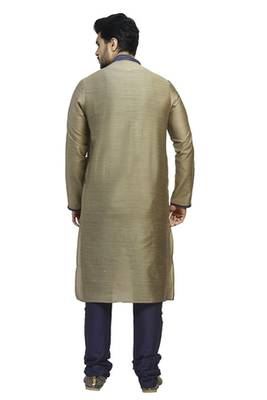 Khakhi Plain Jacquard Kurta With Blue Machine Embroidey Near The Blue Corded Placket Patti And On The Collar 2