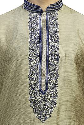 Khakhi Plain Jacquard Kurta With Blue Machine Embroidey Near The Blue Corded Placket Patti And On The Collar 3