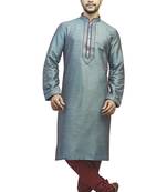 Blue Polysilk Kurta Set With Red Cording All Over And With Stone Buttons