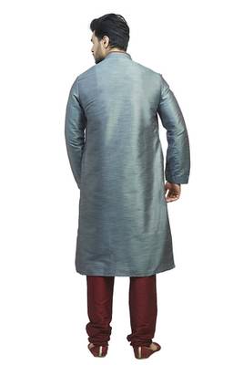 Blue Polysilk Kurta Set With Red Cording All Over And With Stone Buttons 2