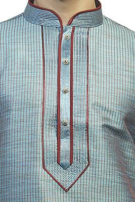 Blue Polysilk Kurta Set With Red Cording All Over And With Stone Buttons 3