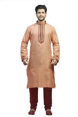 Peach  Woven Kurta Set With Contrast Corded  Maroon Placket Patti With Buttons And Corded Collar 1