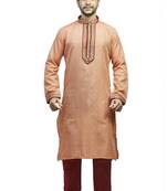 Peach  Woven Kurta Set With Contrast Corded  Maroon Placket Patti With Buttons And Corded Collar