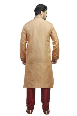 Peach  Woven Kurta Set With Contrast Corded  Maroon Placket Patti With Buttons And Corded Collar 2