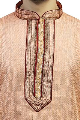 Peach  Woven Kurta Set With Contrast Corded  Maroon Placket Patti With Buttons And Corded Collar 3
